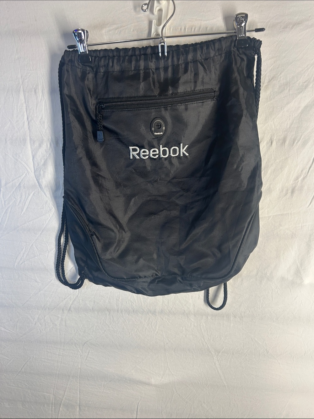 Reebok Black Drawstring Backpack with Front Zip Pocket